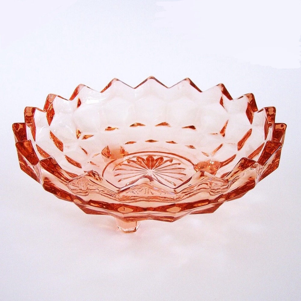 Whitehall Indiana Glass Footed Sawtooth Cubed Candy Dish, pink peach